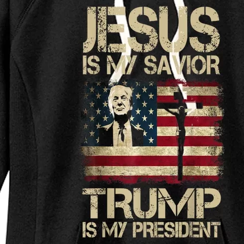 Retro Trump 2024 Usa Flag Jesus Is My Savior Trump Is My President Gift Women's Fleece Hoodie