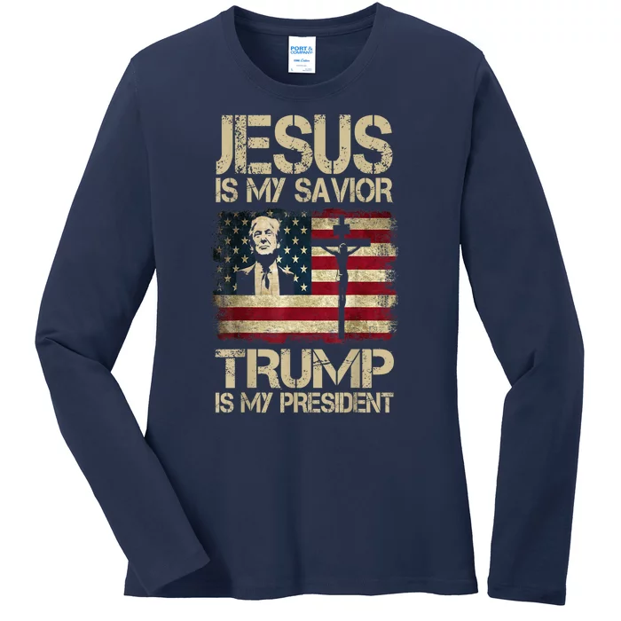 Retro Trump 2024 Usa Flag Jesus Is My Savior Trump Is My President Gift Ladies Long Sleeve Shirt