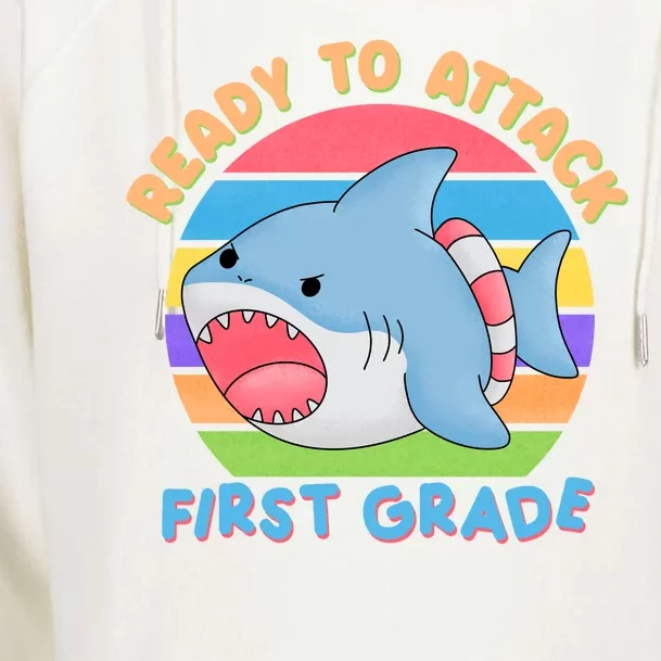 Ready To Attack First Grade Funny Shark Womens Funnel Neck Pullover Hood