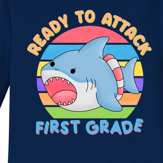 Ready To Attack First Grade Funny Shark Baby Long Sleeve Bodysuit