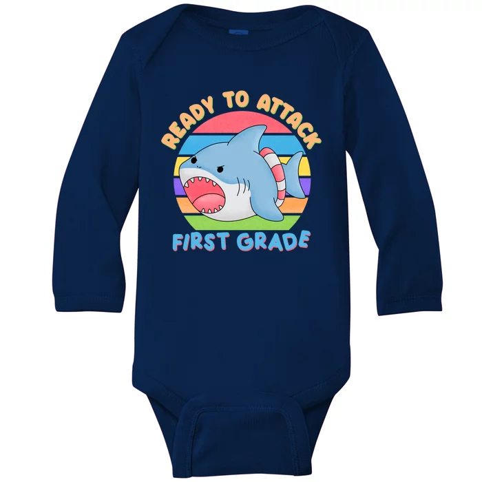 Ready To Attack First Grade Funny Shark Baby Long Sleeve Bodysuit