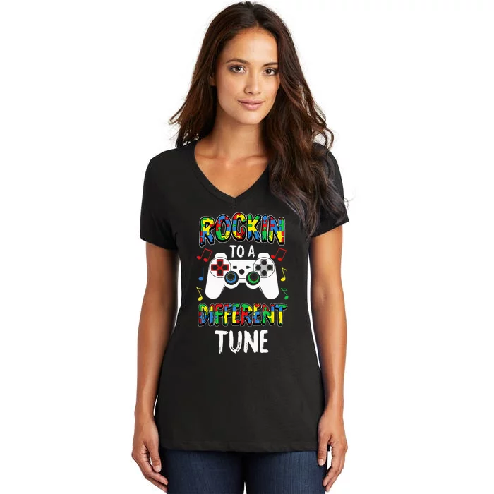 Rockin' To A Different Tune Panda ASD Awareness Women's V-Neck T-Shirt