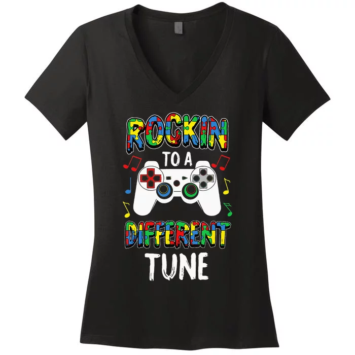 Rockin' To A Different Tune Panda ASD Awareness Women's V-Neck T-Shirt