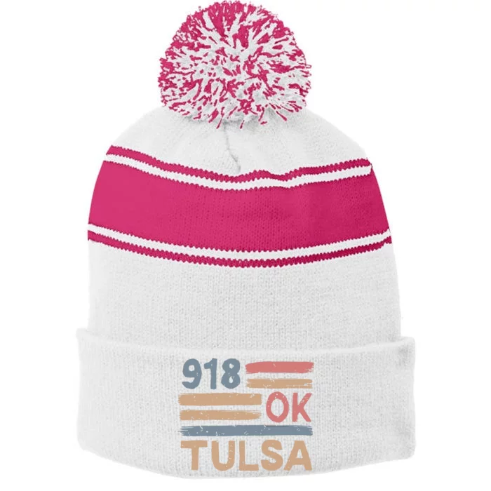 Retro Tulsa Area Code 918 Residents State Oklahoma Stripe Pom Pom Beanie