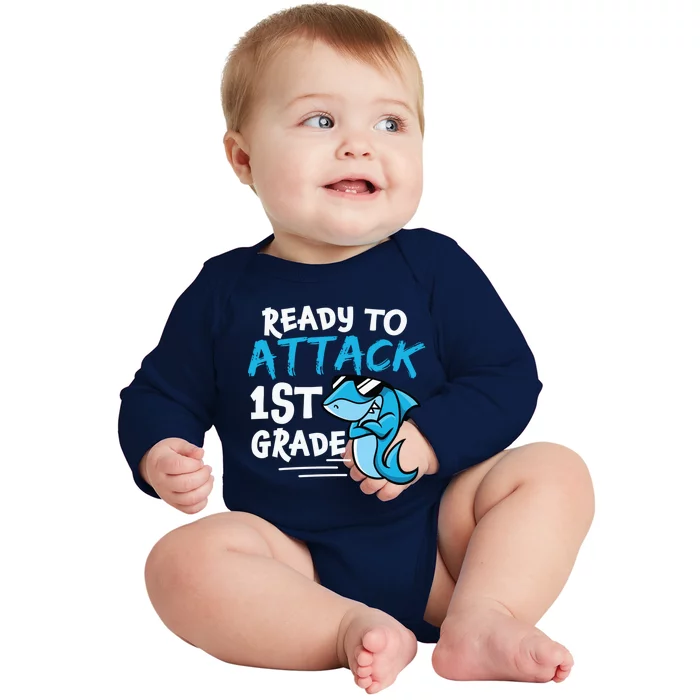 Ready To Attack First Grade Shark Cute 1St Grade Gift Baby Long Sleeve Bodysuit