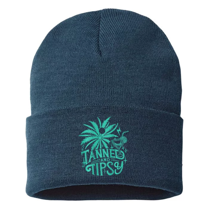 Retro Tanned And Tipsy Beach Summer Vacation Funny (On Back) Sustainable Knit Beanie