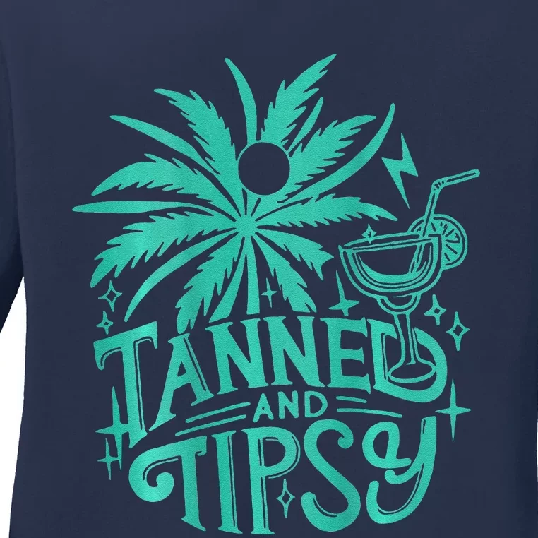 Retro Tanned And Tipsy Beach Summer Vacation Funny (On Back) Ladies Long Sleeve Shirt