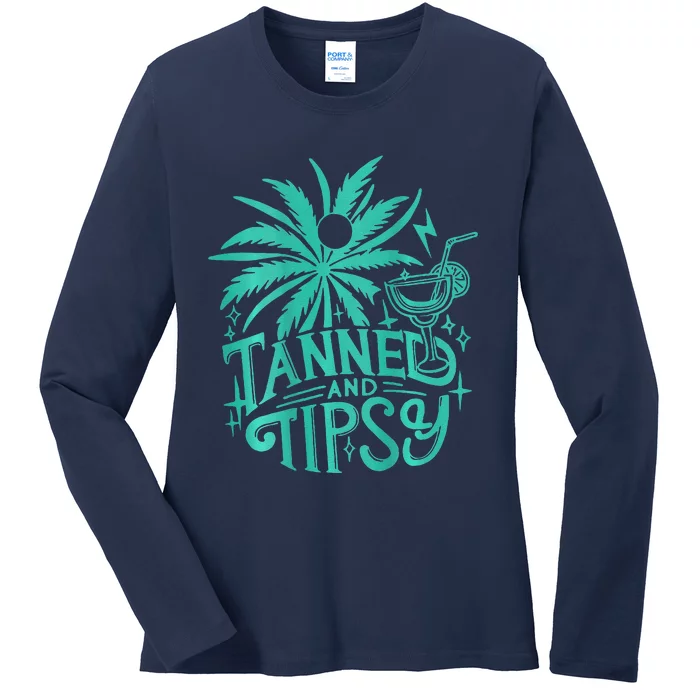 Retro Tanned And Tipsy Beach Summer Vacation Funny (On Back) Ladies Long Sleeve Shirt