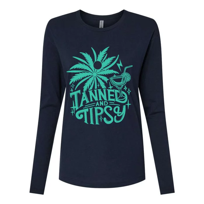 Retro Tanned And Tipsy Beach Summer Vacation Funny Womens Cotton Relaxed Long Sleeve T-Shirt