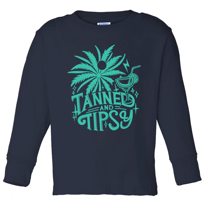 Retro Tanned And Tipsy Beach Summer Vacation Funny Toddler Long Sleeve Shirt