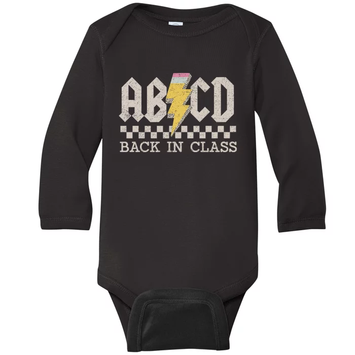 Retro Teacher Abcd Back To School Back In Class Rock Baby Long Sleeve Bodysuit