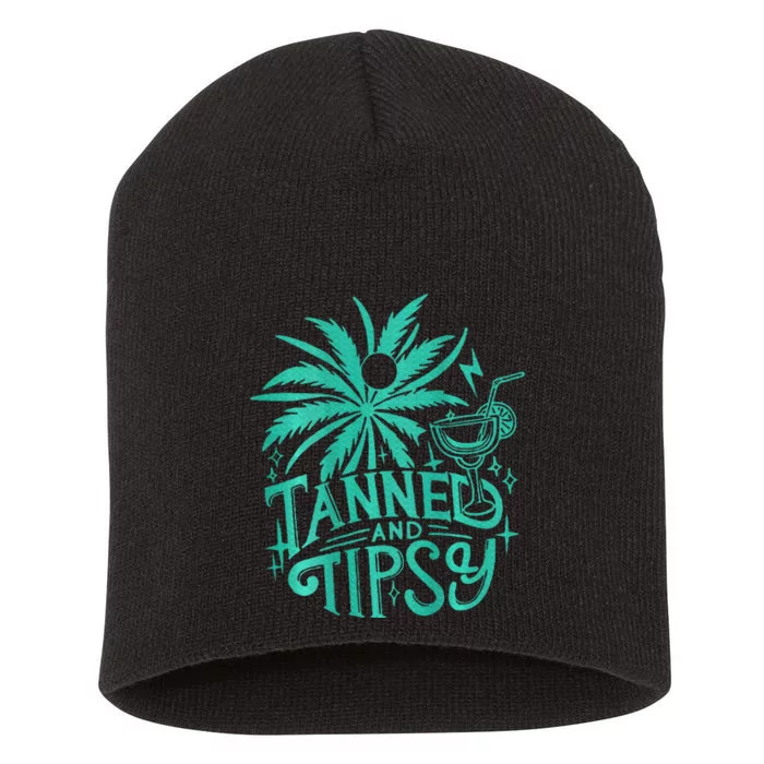 Retro Tanned And Tipsy Beach Summer Vacation Short Acrylic Beanie