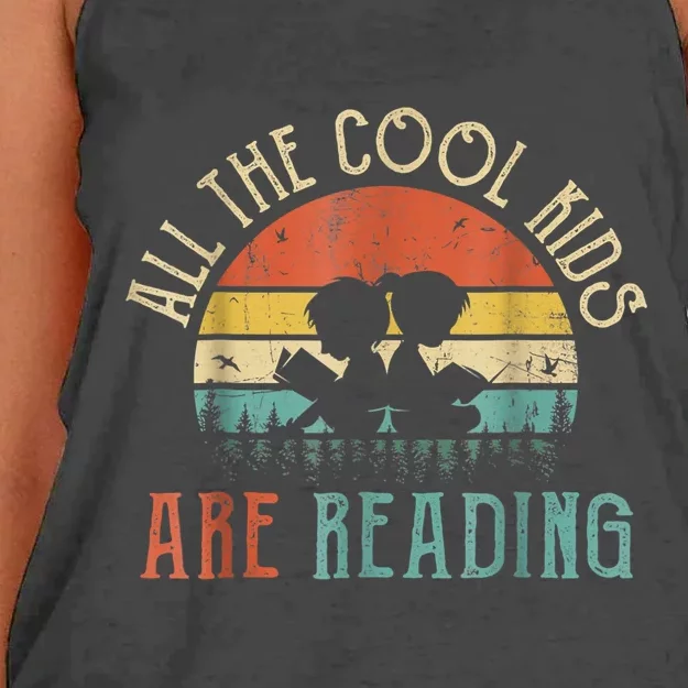 Reading Teacher All The Cool Ki'ds Are Reading Book Women's Knotted Racerback Tank