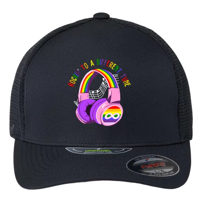 Rockin To A Different Tune Rainbow Autism Awareness Flexfit Unipanel Trucker Cap