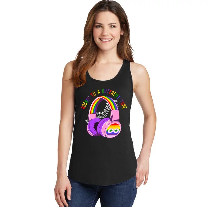 Rockin To A Different Tune Rainbow Autism Awareness Ladies Essential Tank