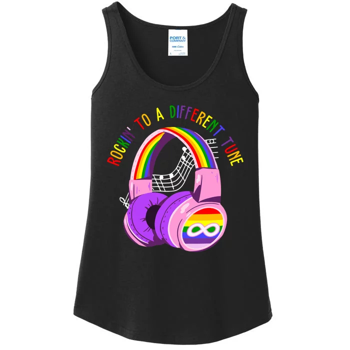 Rockin To A Different Tune Rainbow Autism Awareness Ladies Essential Tank