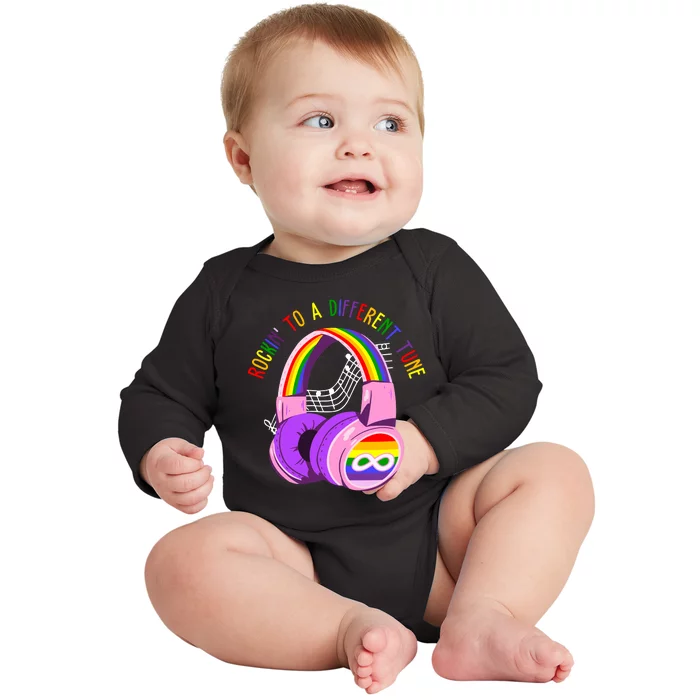 Rockin To A Different Tune Rainbow Autism Awareness Baby Long Sleeve Bodysuit