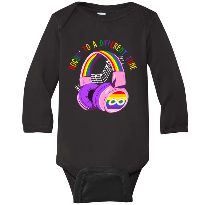 Rockin To A Different Tune Rainbow Autism Awareness Baby Long Sleeve Bodysuit