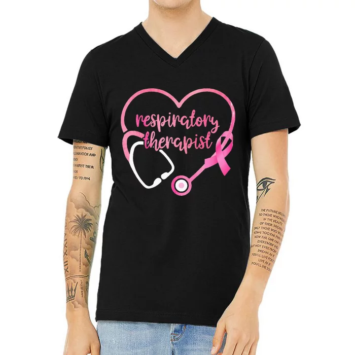 Respiratory Therapist Breast Cancer Awareness Pink Ribbons V-Neck T-Shirt