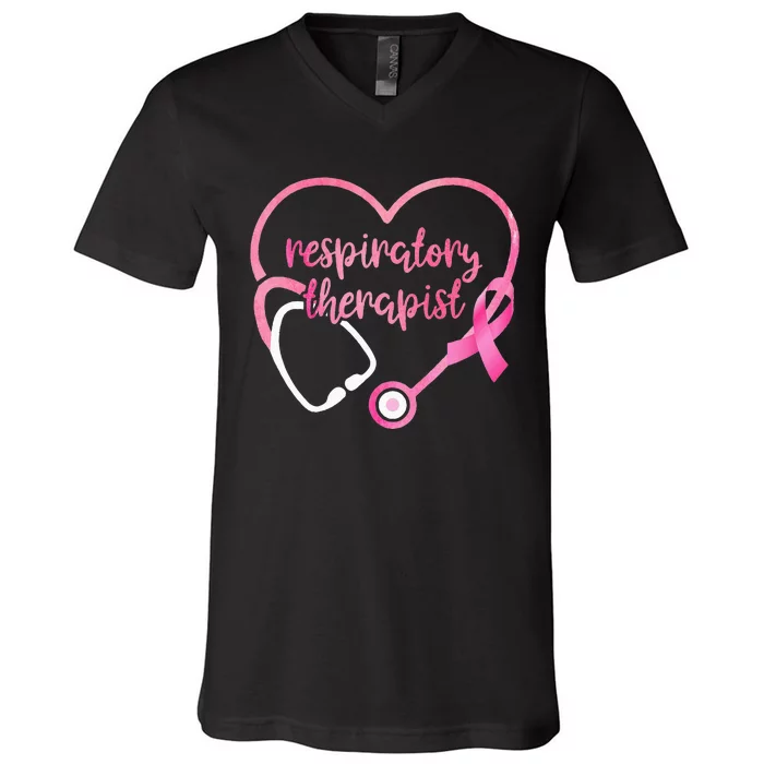 Respiratory Therapist Breast Cancer Awareness Pink Ribbons V-Neck T-Shirt