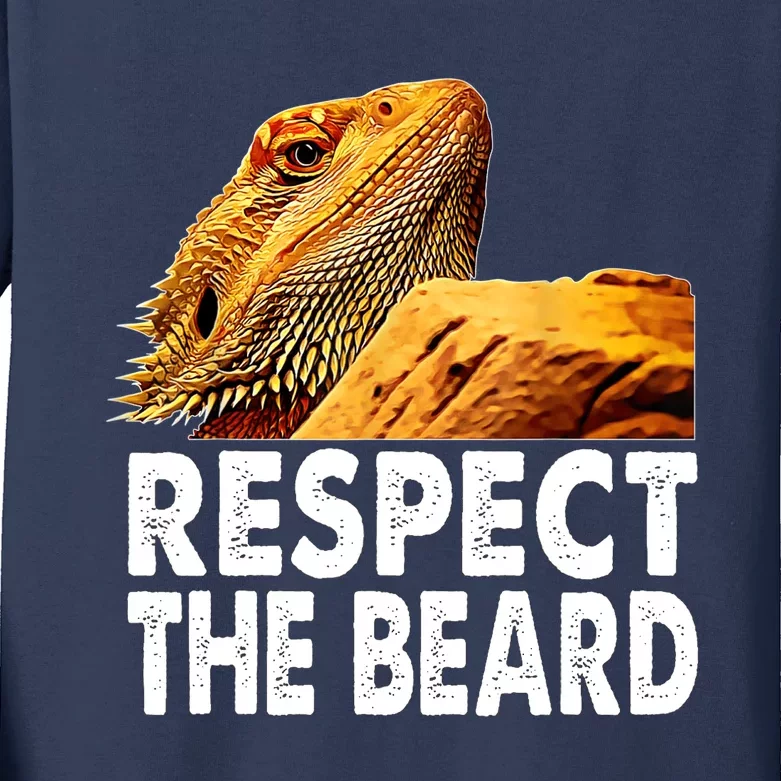 Respect The Beard Funny Bearded Dragon Lizard Owner Son Kids Long Sleeve Shirt