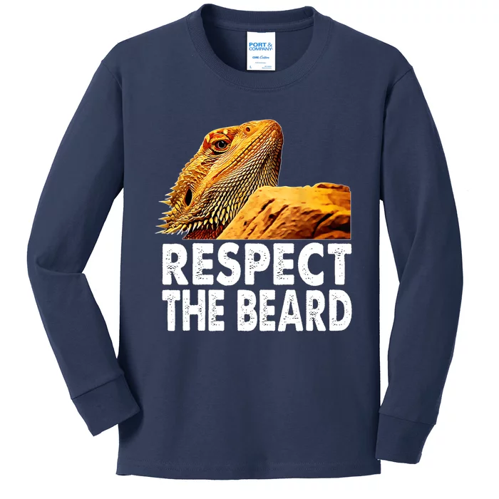 Respect The Beard Funny Bearded Dragon Lizard Owner Son Kids Long Sleeve Shirt