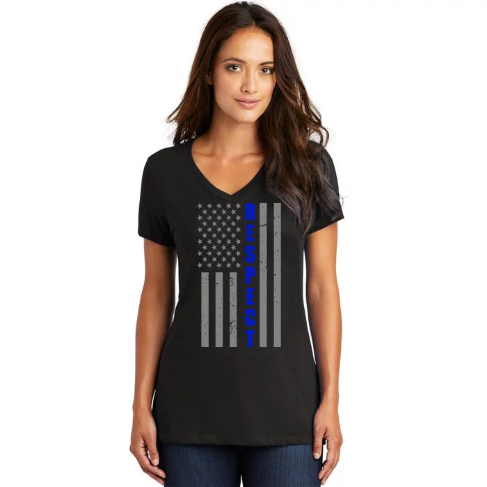 Respect The Blue Support Our Police American Flag Women's V-Neck T-Shirt