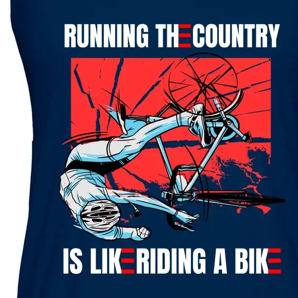 Running The Country Is Like Riding A Bike Merry 4th Of July Biden Falling Ladies Essential Flowy Tank