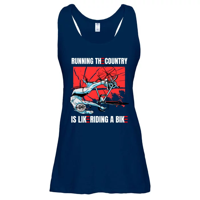 Running The Country Is Like Riding A Bike Merry 4th Of July Biden Falling Ladies Essential Flowy Tank