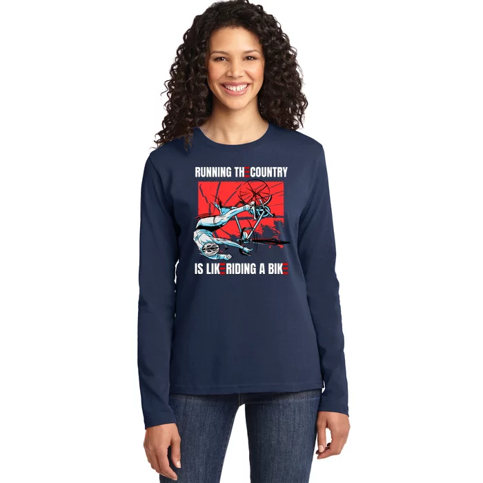 Running The Country Is Like Riding A Bike Merry 4th Of July Biden Falling Ladies Long Sleeve Shirt