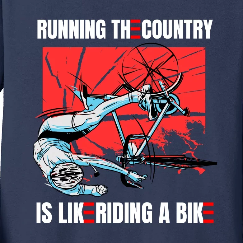 Running The Country Is Like Riding A Bike Merry 4th Of July Biden Falling Kids Long Sleeve Shirt