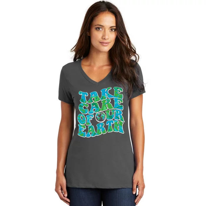 Retro Take Care Of Our Earth Celebrate Earth Day Women's V-Neck T-Shirt