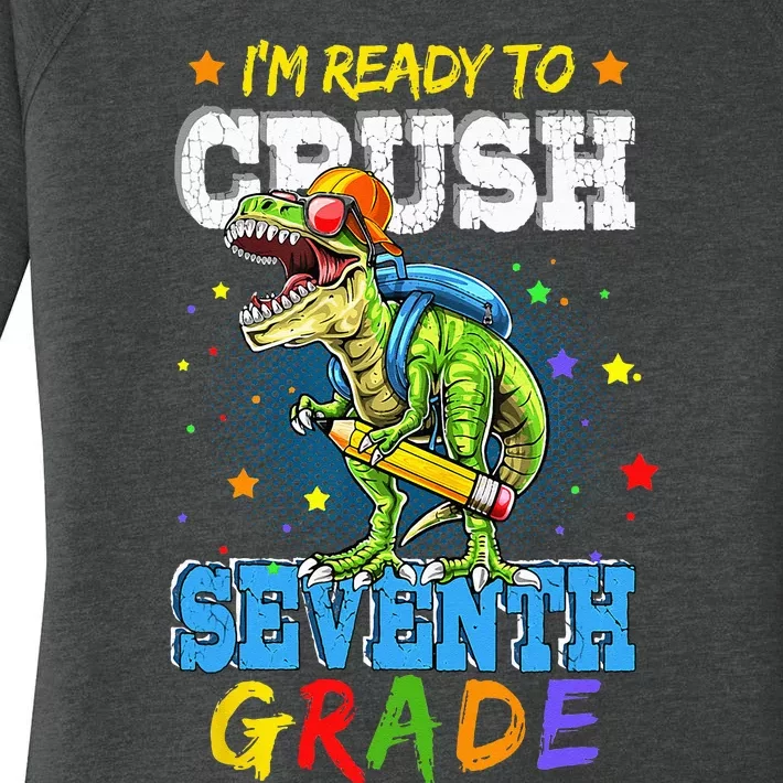 Ready To Crush Seventh Grade Dinosaur T Rex Back to School Women's Perfect Tri Tunic Long Sleeve Shirt