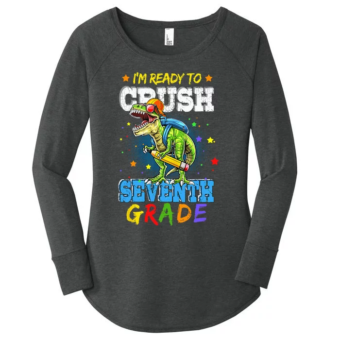 Ready To Crush Seventh Grade Dinosaur T Rex Back to School Women's Perfect Tri Tunic Long Sleeve Shirt