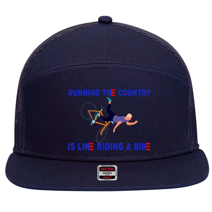 Running The Country Is Like Riding A Bike Funny Joe Biden Meme 7 Panel Mesh Trucker Snapback Hat