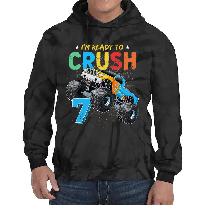 Ready To Crush 7 Monster Truck 7th Birthday Boy Tie Dye Hoodie