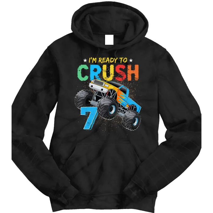 Ready To Crush 7 Monster Truck 7th Birthday Boy Tie Dye Hoodie