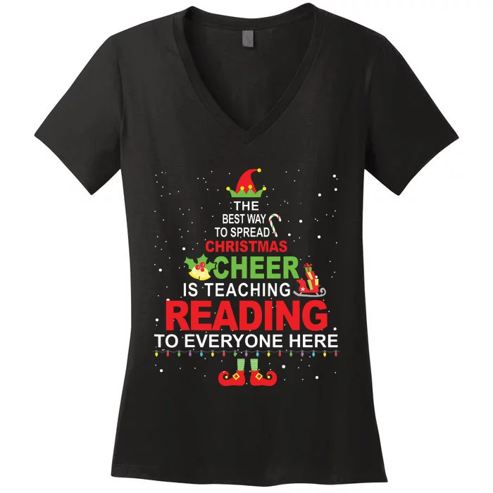 Reading Teacher Christmas Elf Christmas Cheer Women's V-Neck T-Shirt