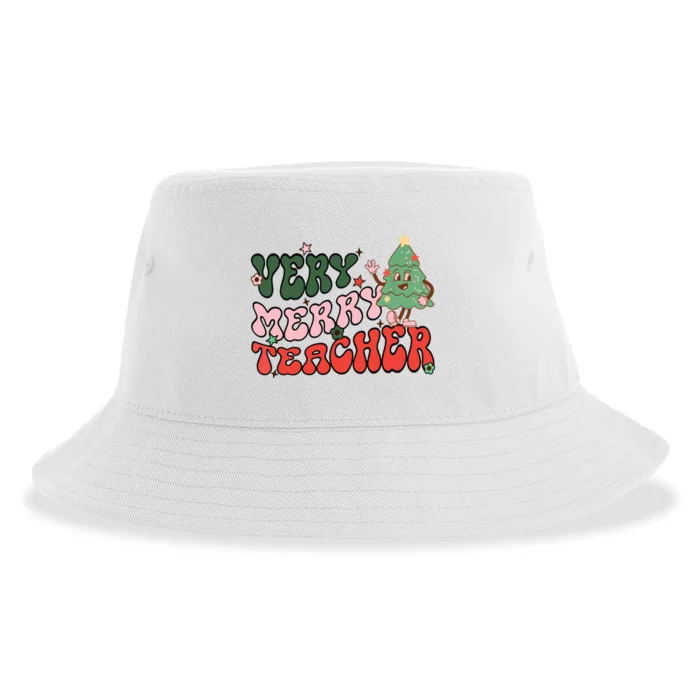 Retro Teacher Christmas Shirts Very Merry Teacher Sustainable Bucket Hat