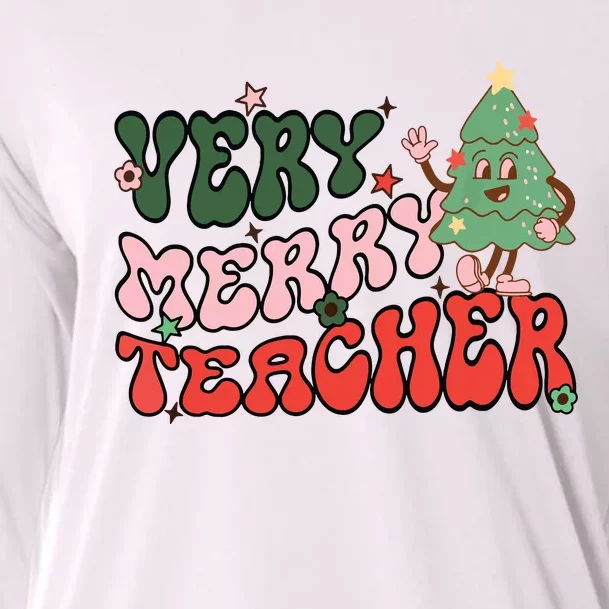 Retro Teacher Christmas Shirts Very Merry Teacher Cooling Performance Long Sleeve Crew