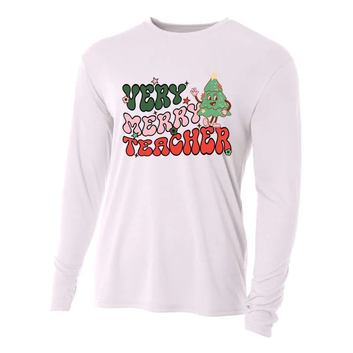 Retro Teacher Christmas Shirts Very Merry Teacher Cooling Performance Long Sleeve Crew