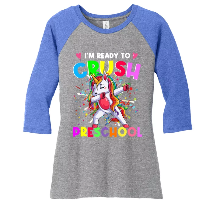 Ready To Crush Preschool Unicorn Back To School Gift Women's Tri-Blend 3/4-Sleeve Raglan Shirt