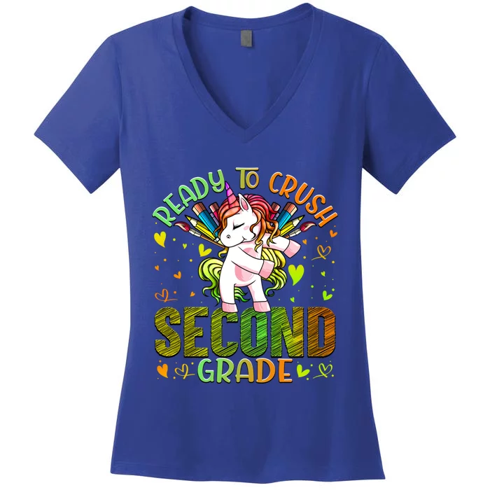 Ready To Crush Second 2Nd Grade Back To School Unicorn Gift Women's V-Neck T-Shirt