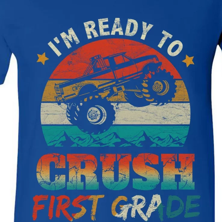 Ready To Crush First Grade Back To School Monster Truck Boys Funny Gift V-Neck T-Shirt