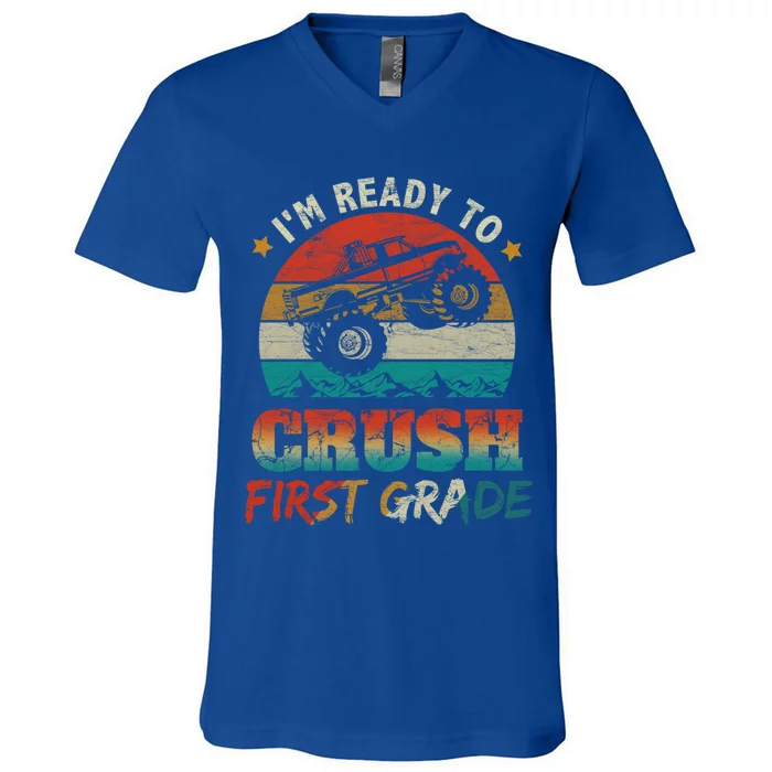 Ready To Crush First Grade Back To School Monster Truck Boys Funny Gift V-Neck T-Shirt