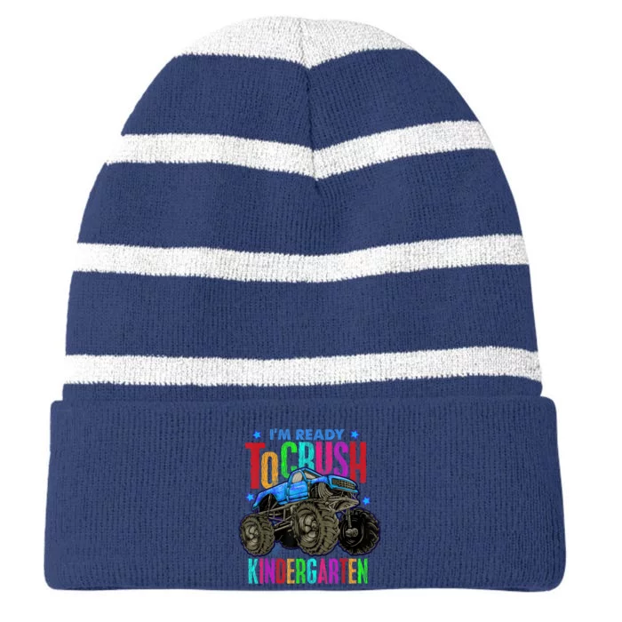 Ready To Crush Kindergarten Monster Truck Back To School Boy Striped Beanie with Solid Band