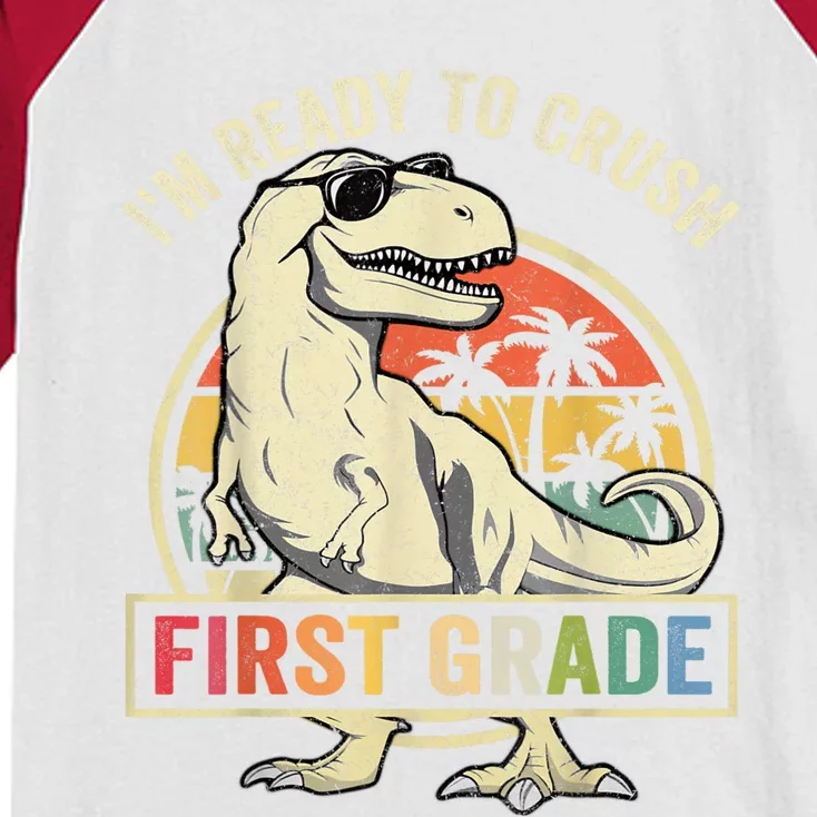 Ready To Crush First Grade 1st Day Of School Dinosaur Kids Colorblock Raglan Jersey