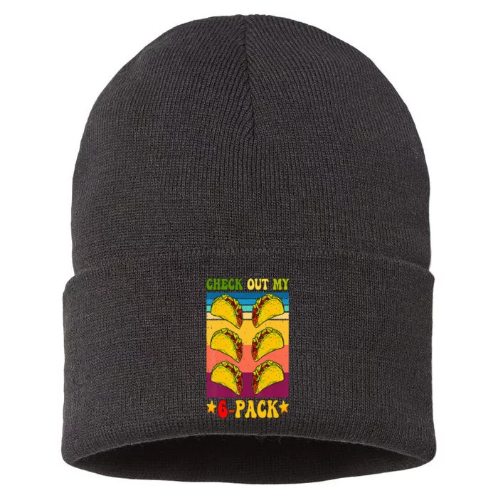 Retro Taco Check Out My 6 Pack Six Pack Mexican Groovy Sustainable Knit Beanie