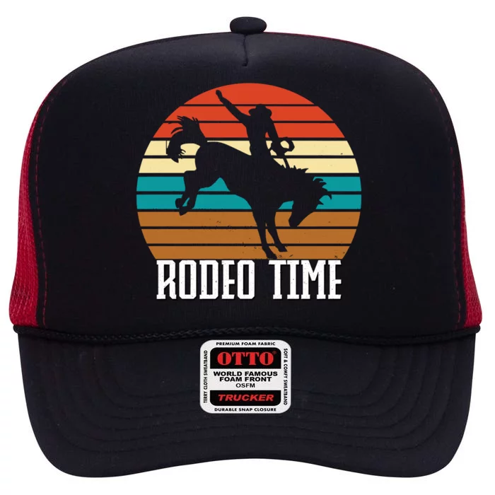 Rodeo Time Cowboy Wranglers Bucking Horse Retro Sunset High Crown Mesh Trucker Hat