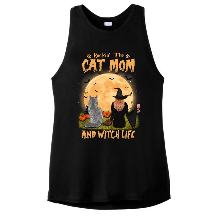 Rocking The Cat Mom And Witch Life Maine Coon Halloween Gift Ladies Tri-Blend Wicking Tank